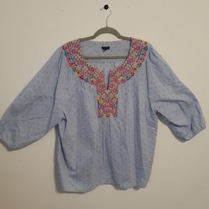 Blue blouse, embroidered,size 3X blue with red,green,blue and yellow